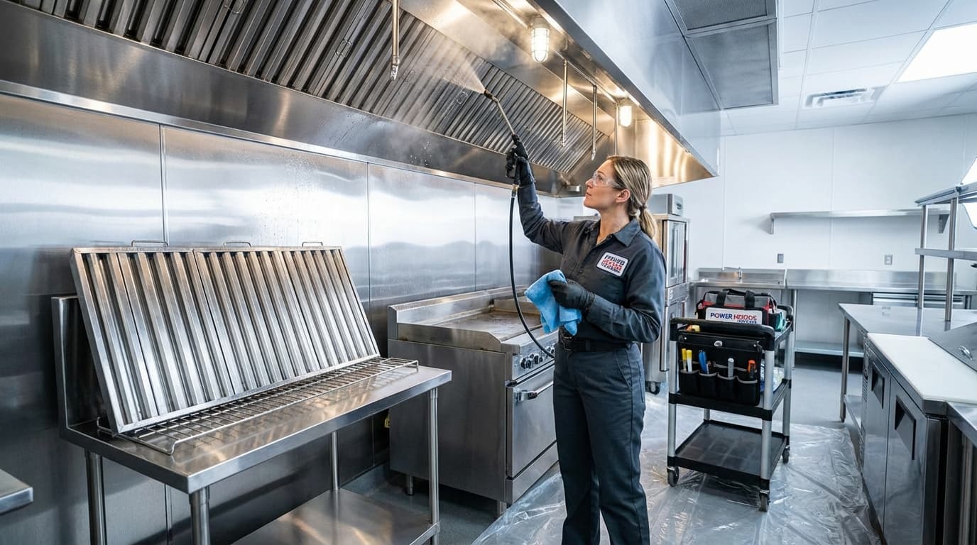 Hood cleaning technician performing pre-service exhaust inspection