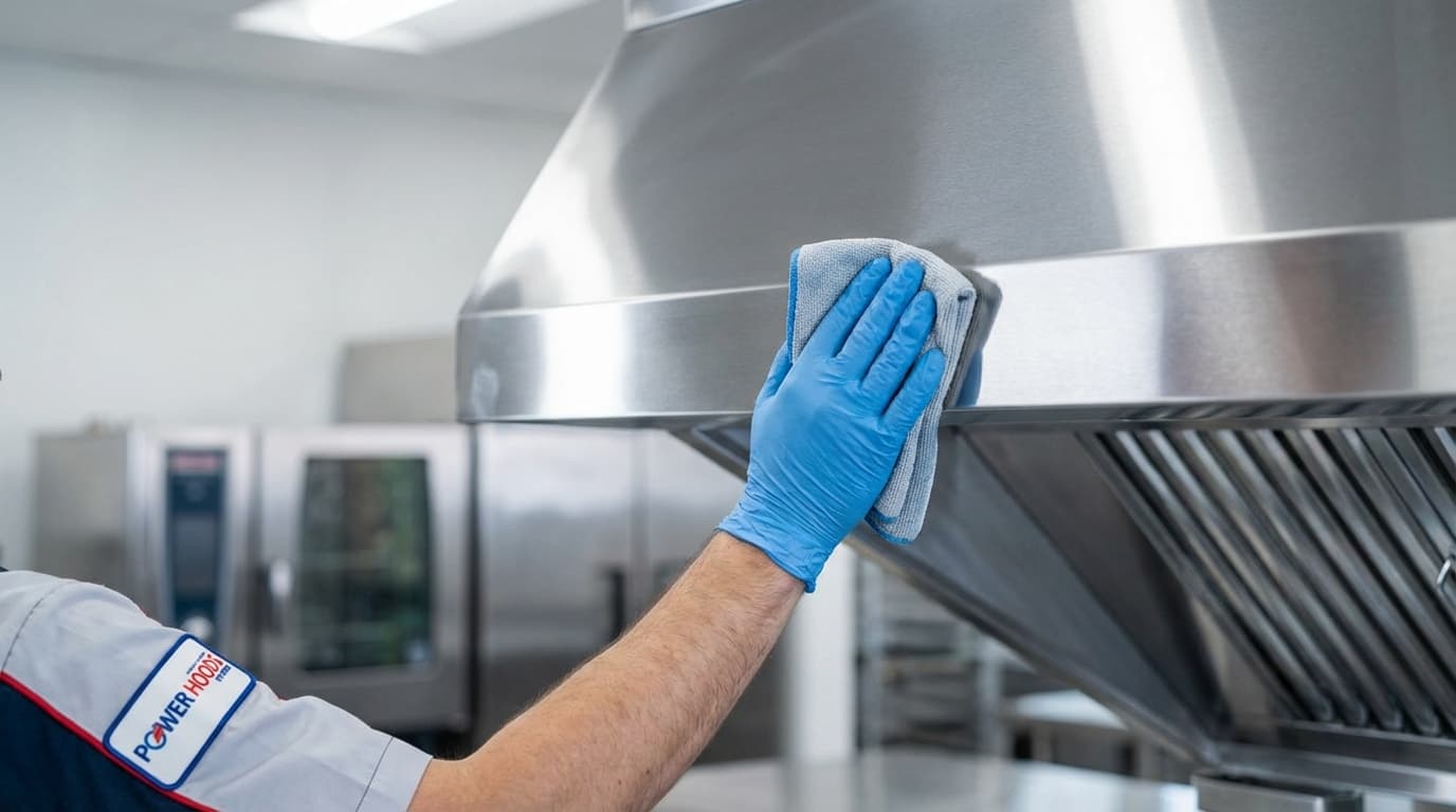 Certified hood cleaning technician inspecting commercial kitchen exhaust system