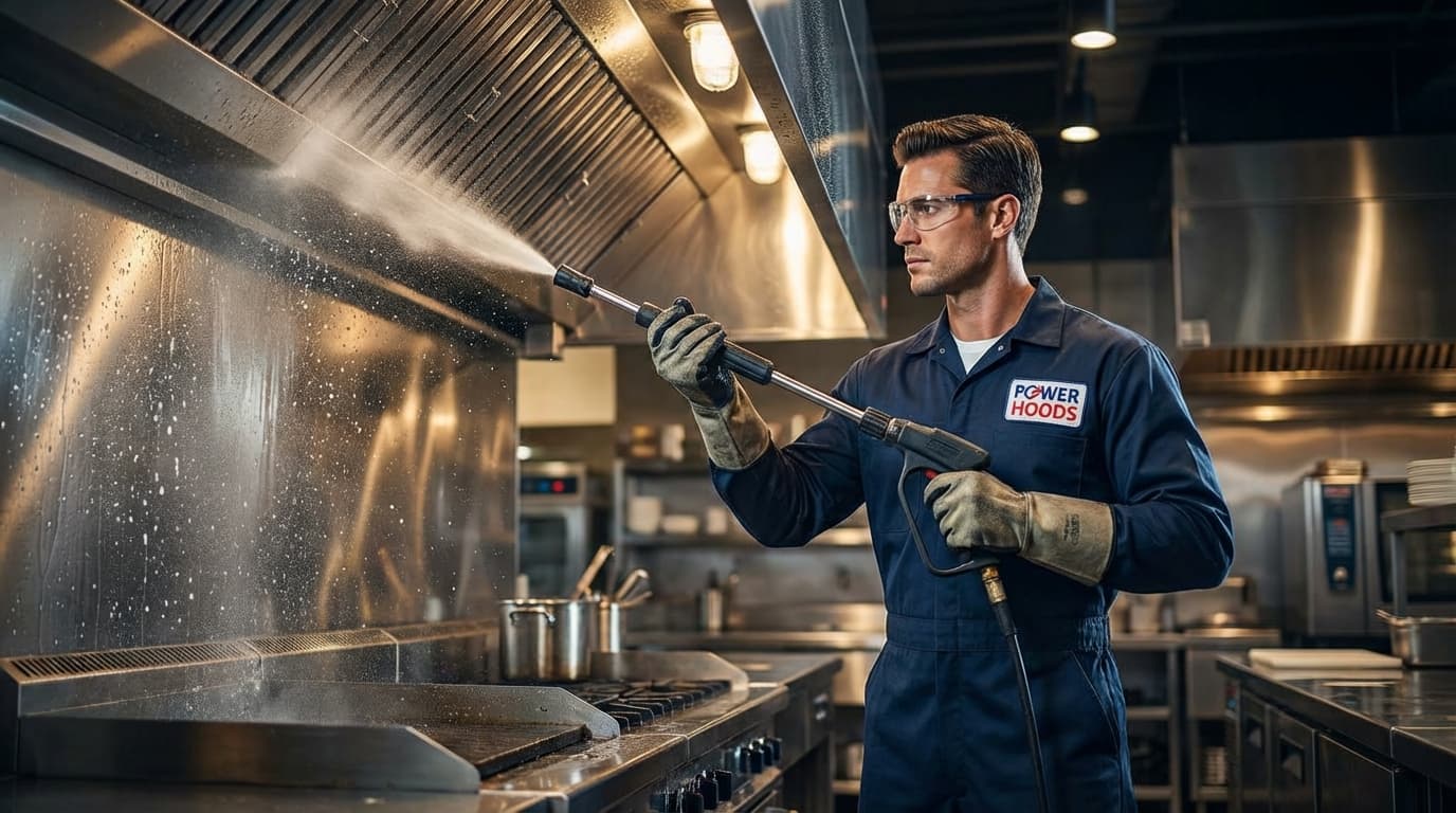 Rotary tool cleaning grease from exhaust ductwork during hood cleaning
