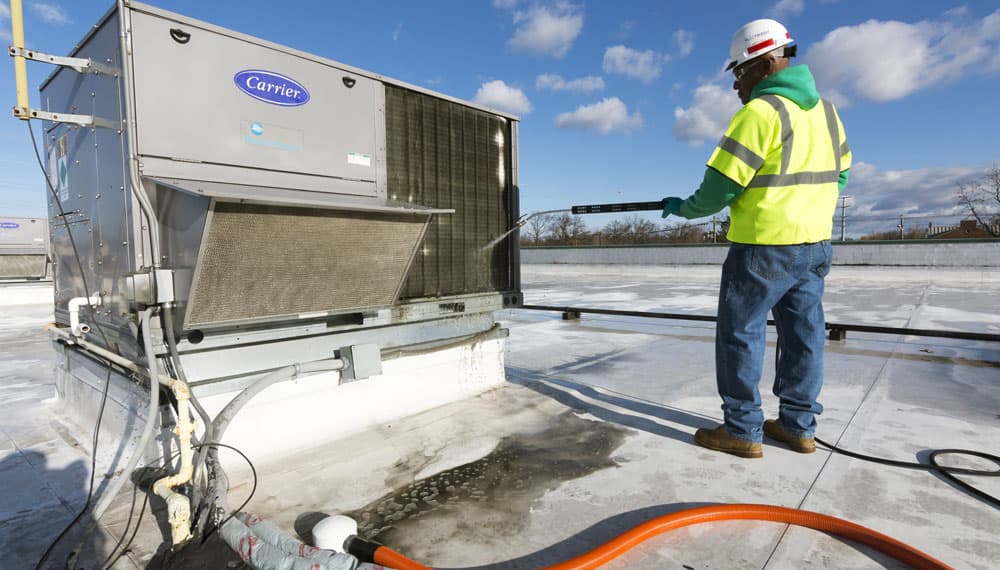 Before and after comparison of cleaned commercial HVAC coils